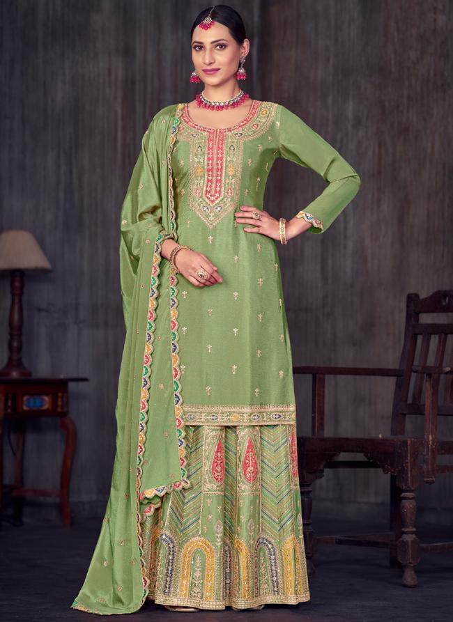 Chinnon Silk Light Green Festival Wear Embroidery Work Readymade Palazzo Suit